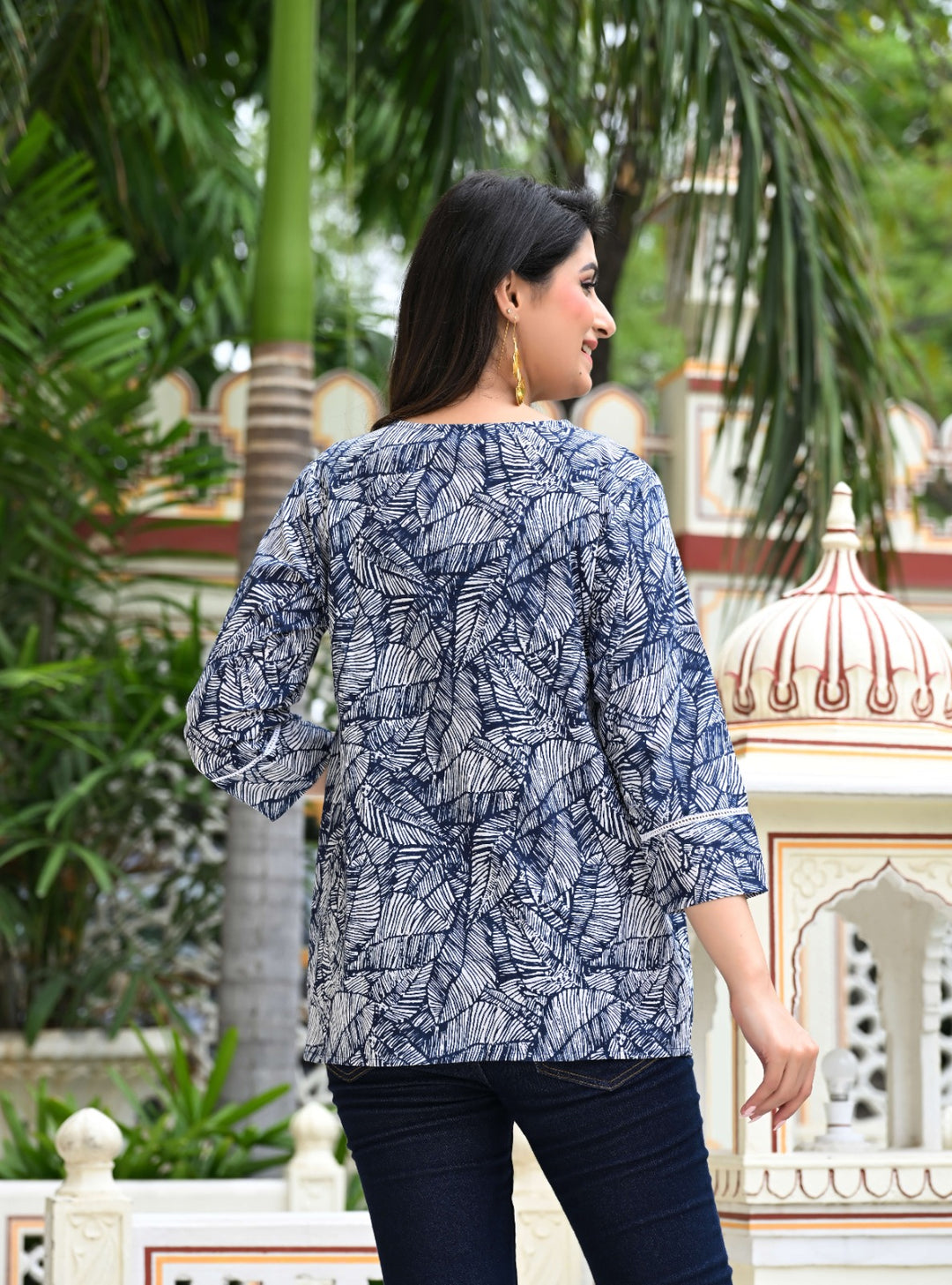 Blue and White Leaf Print Peplum Top