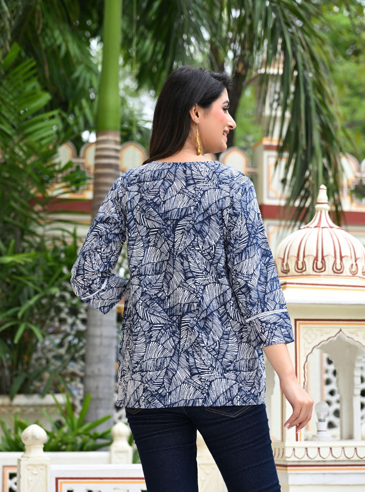 Blue and White Leaf Print Peplum Top