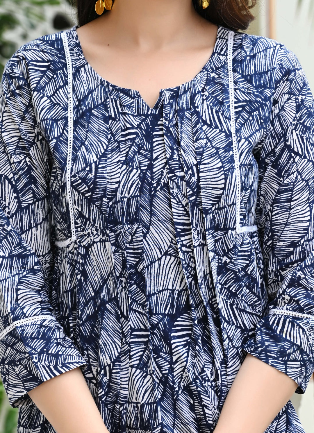 Blue and White Leaf Print Peplum Top