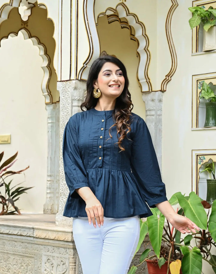 Dark Blue Solid Pintucks Top