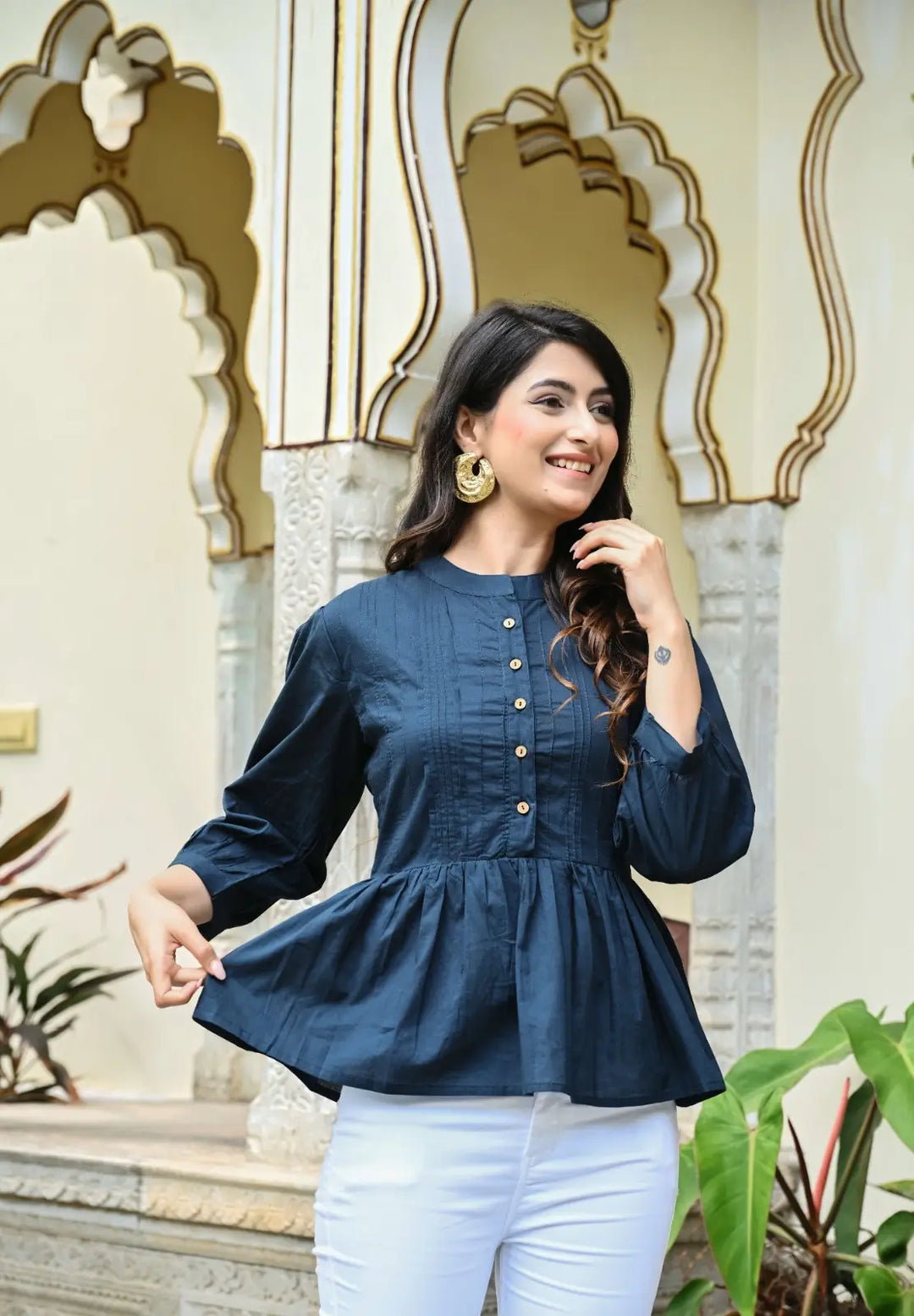 Dark Blue Solid Pintucks Top