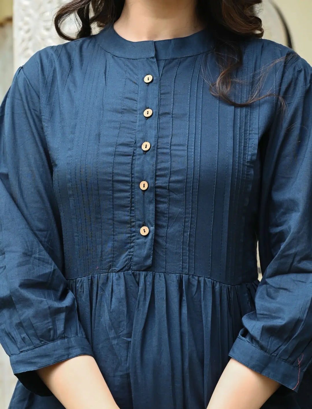 Dark Blue Solid Pintucks Top