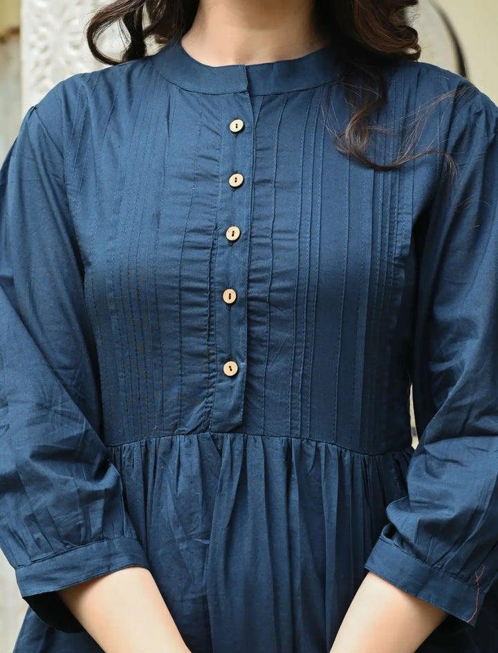 Dark Blue Solid Pintucks Top