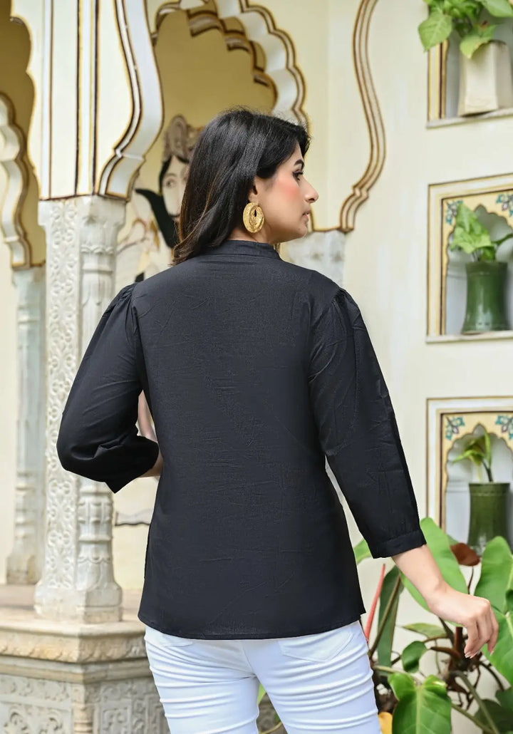 Black Solid Pintucks Top