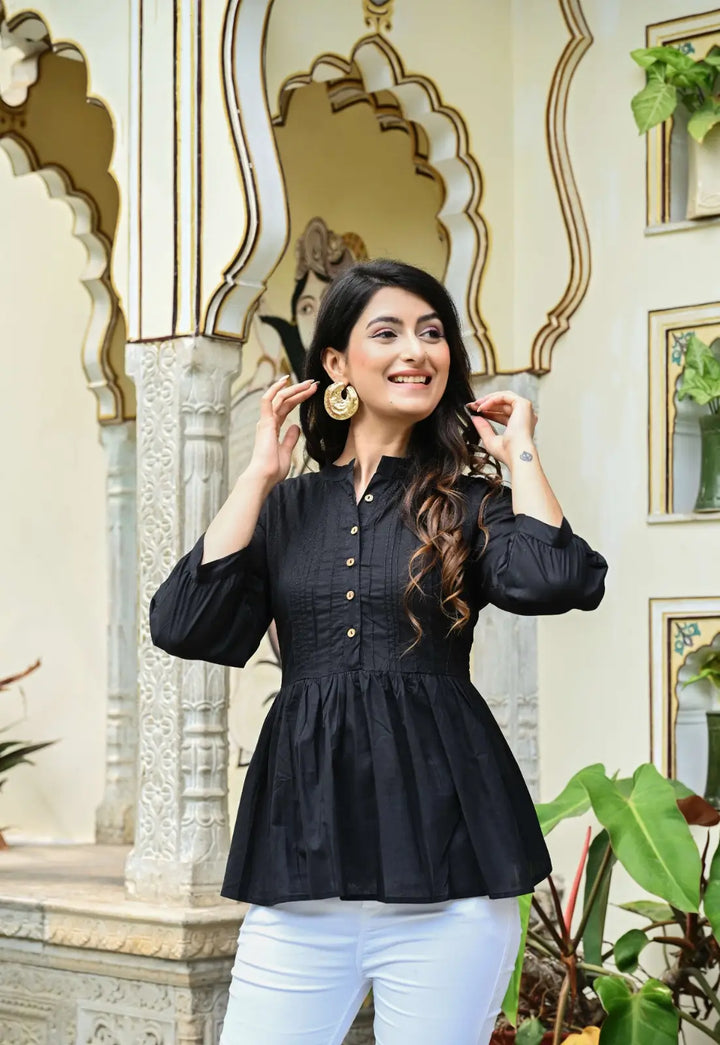 Black Solid Pintucks Top
