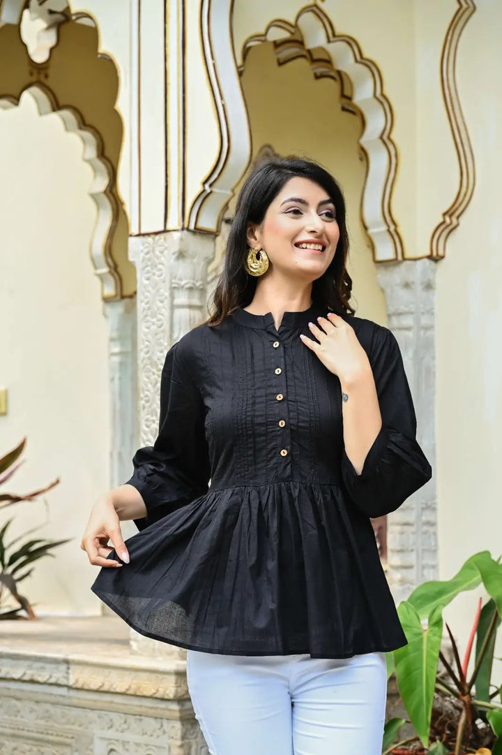Black Solid Pintucks Top