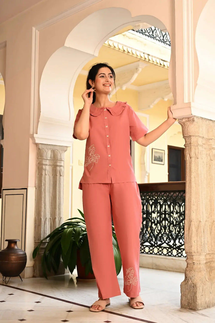 Peach Blossom Embroidered Co-ord Set