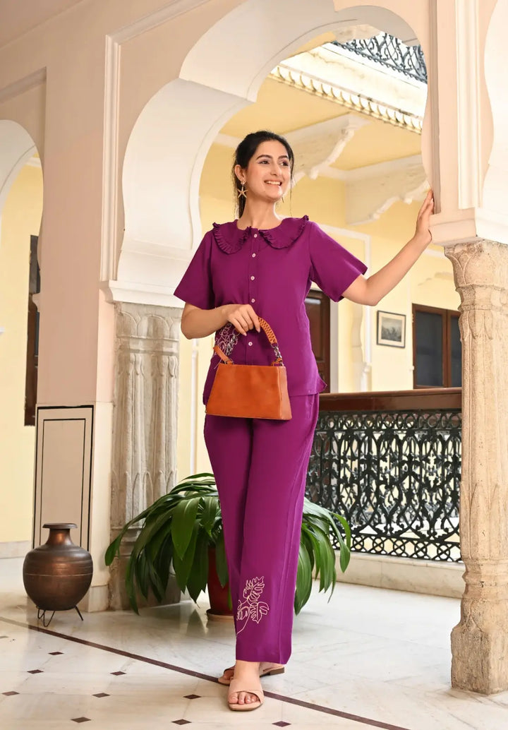 Wine Embroidered Co-ord Set