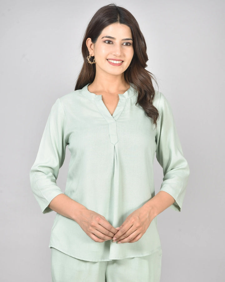 Pista Green Viscose Pleated Top
