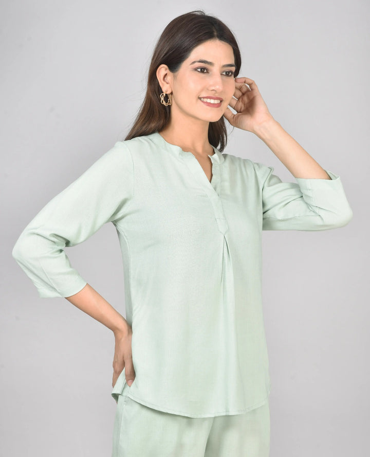 Viscose Pleated Top Combo – Pista Green & Cream