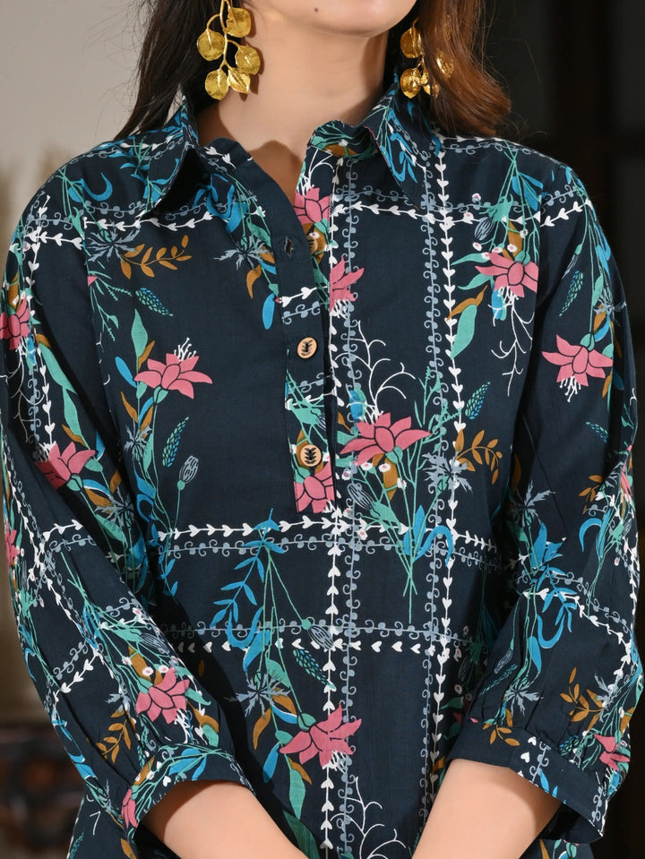 Blue geometric floral print cotton co-ord set