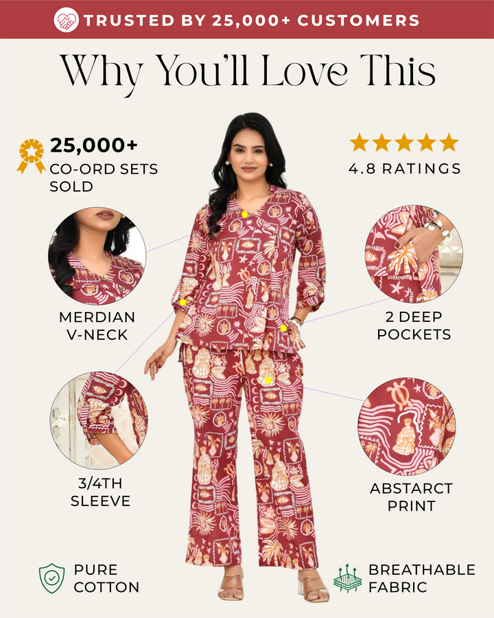 Vintage Maroon Abstract Printed Co-ord Sets