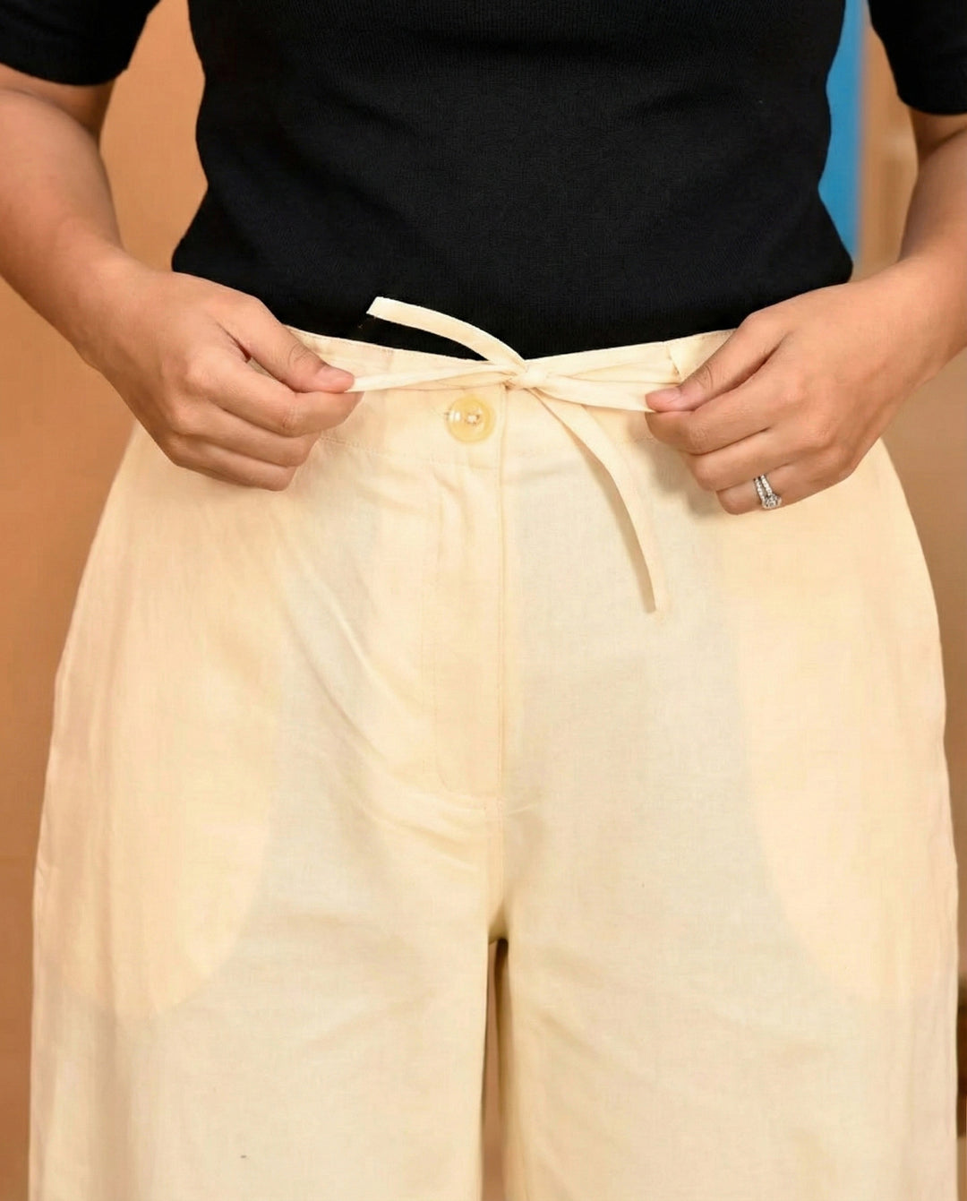 Off White Solid Straight Pants