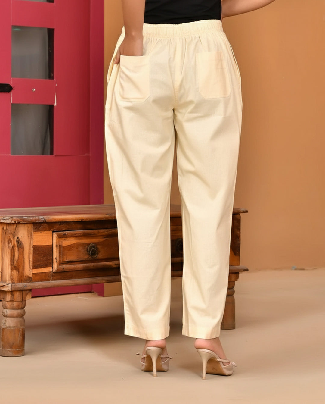 Off White Solid Straight Pants