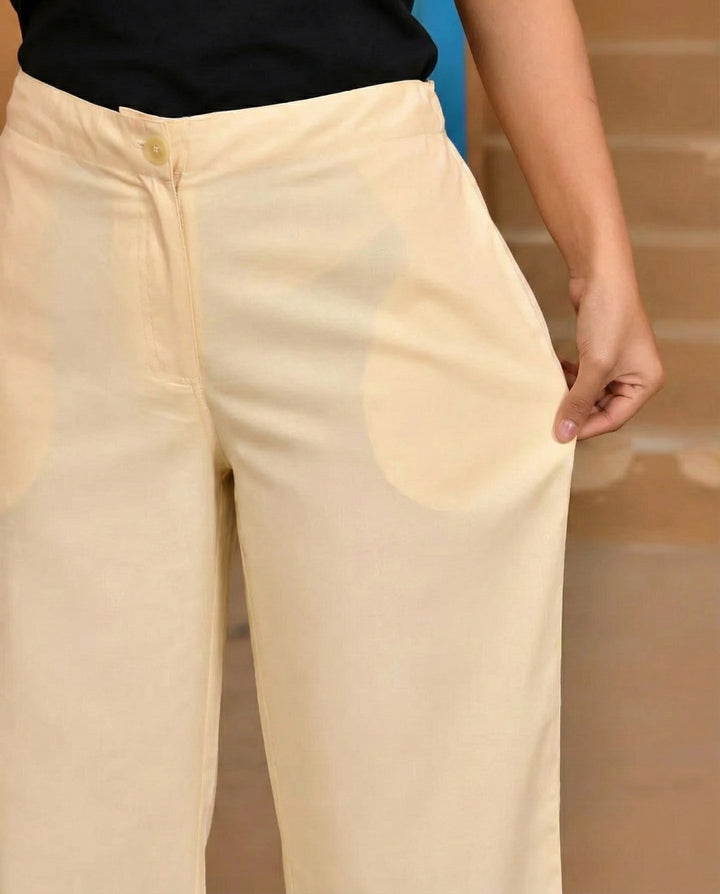 Off White Solid Straight Pants