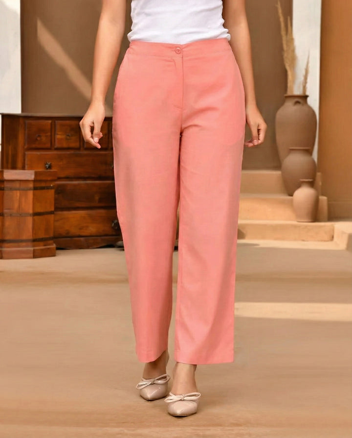 Peach Solid Straight Pants