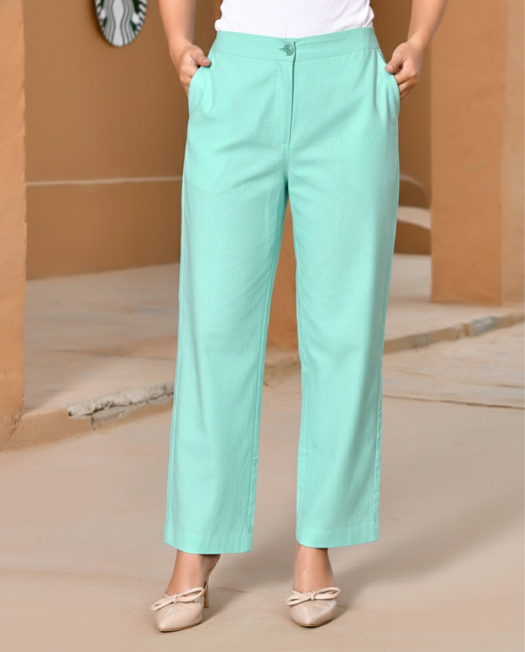 Turquiose Solid Straight Pants