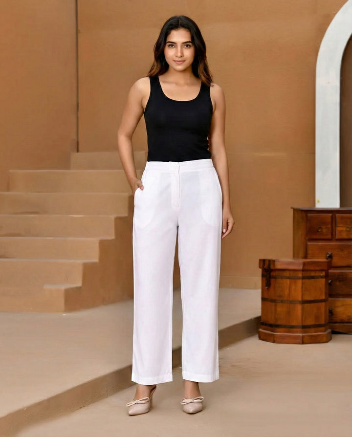White Solid Straight Pants