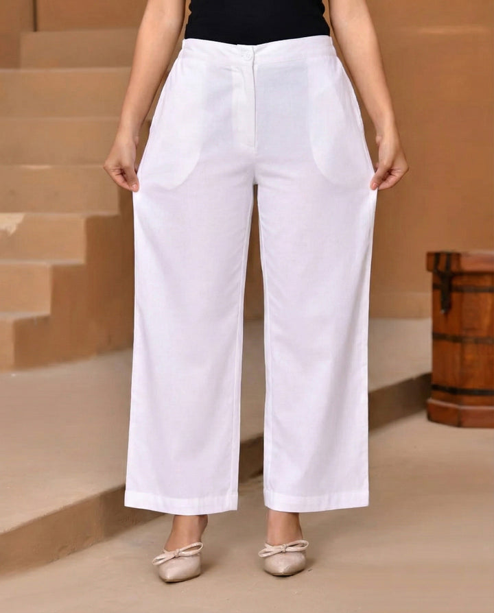 White Solid Straight Pants