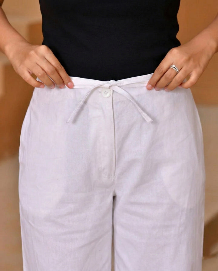 White Solid Straight Pants